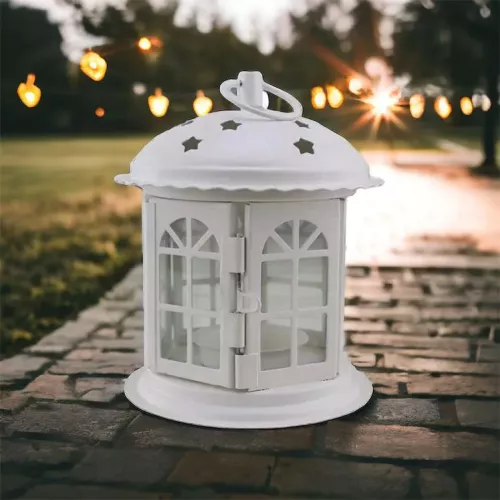 Lanterna pagoda in metallo bianco e vetro 15x12 cm