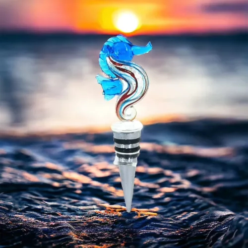 Tappo per bottiglia a tema mare con cavalluccio marino in murano con scatola regalo